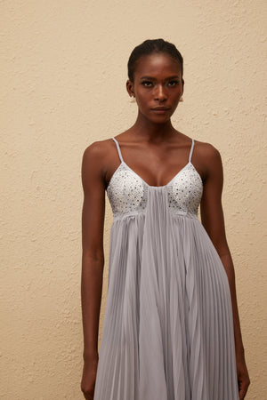 Aurohaya Léa Grey Rhinestone Embellished Pleated Maxi Dress