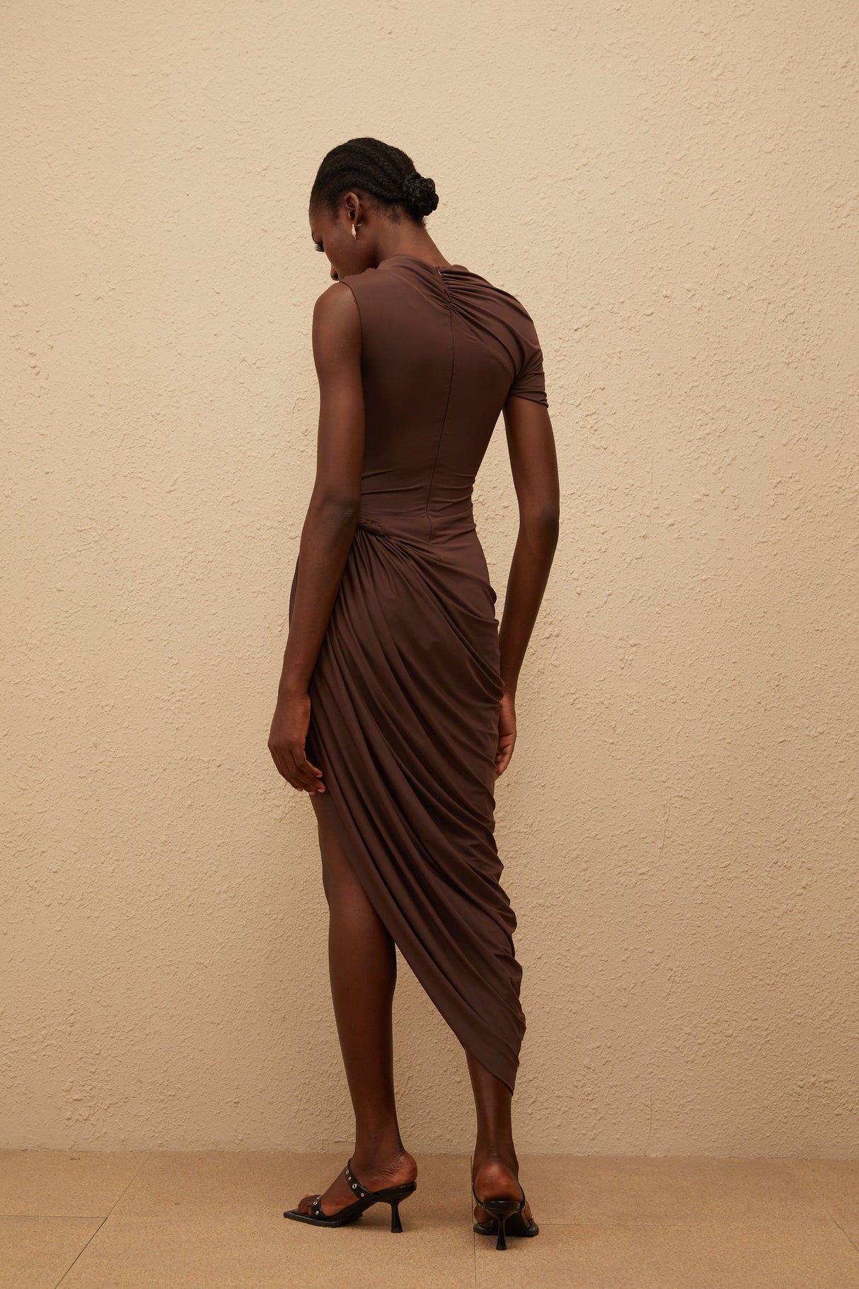 Aurohaya Prune Brown Night Out Asymmetrical Ruched Midi Dress