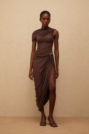 Aurohaya Prune Brown Night Out Asymmetrical Ruched Midi Dress