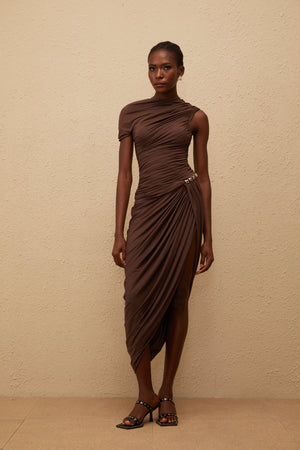Aurohaya Prune Brown Night Out Asymmetrical Ruched Midi Dress