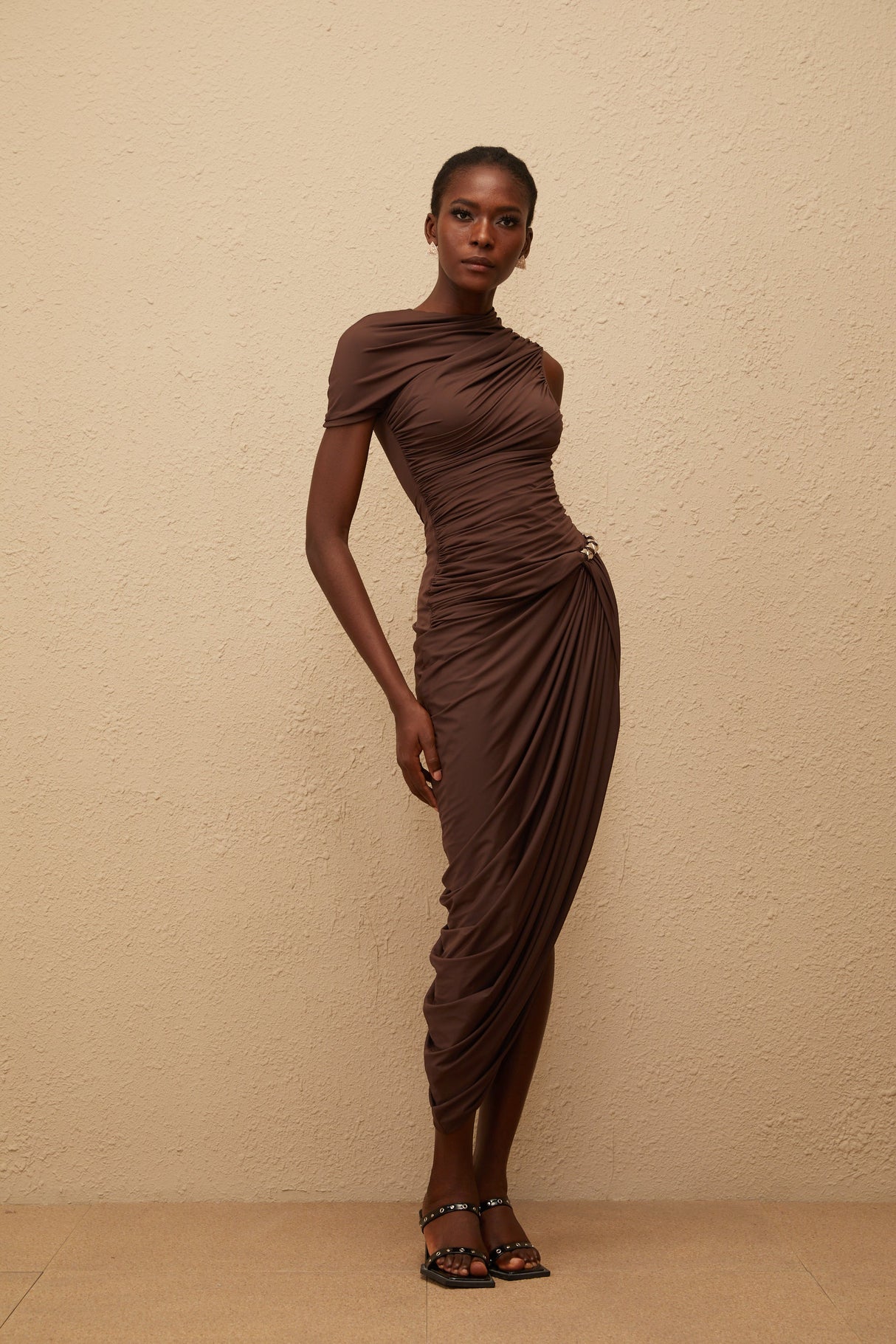 Aurohaya Prune Brown Night Out Asymmetrical Ruched Midi Dress