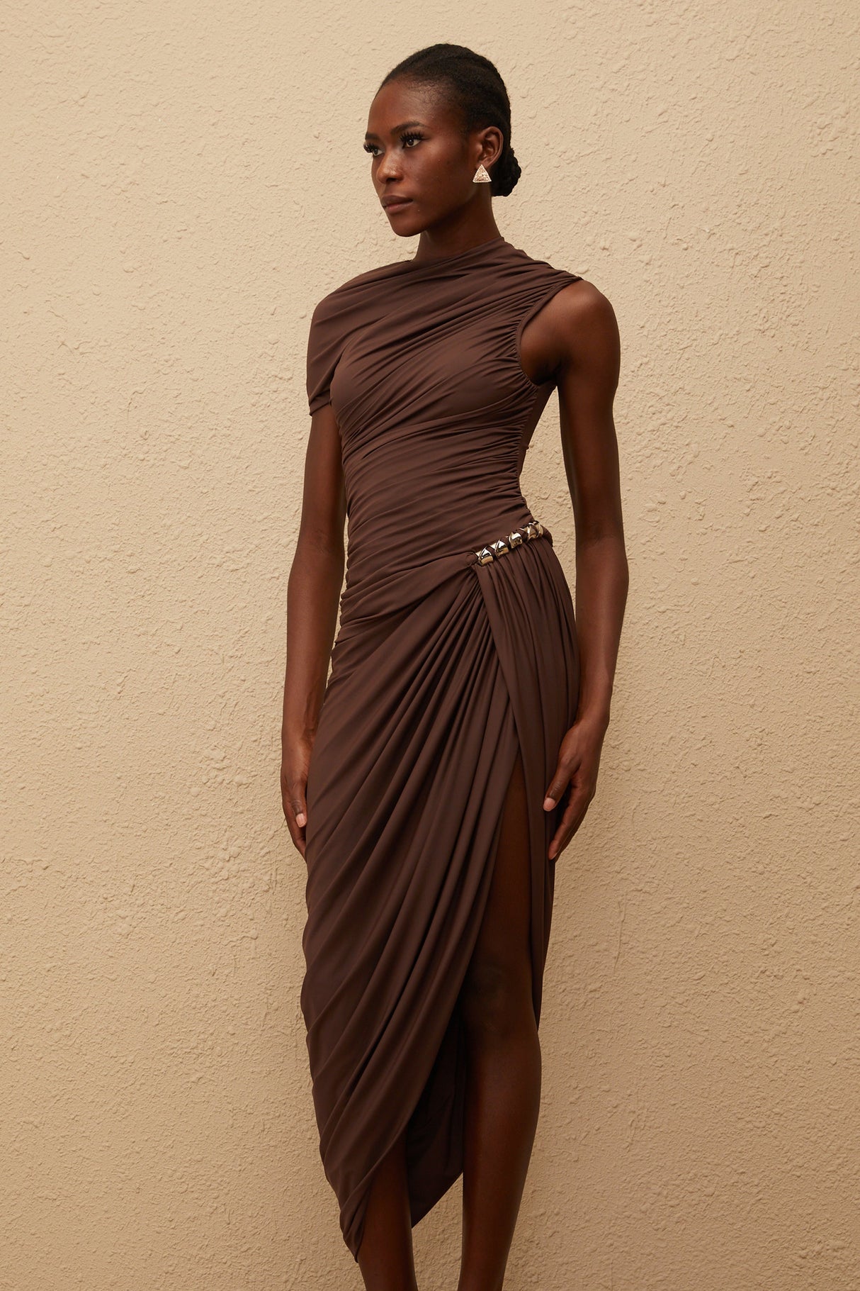 Aurohaya Prune Brown Night Out Asymmetrical Ruched Midi Dress