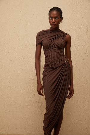 Aurohaya Prune Brown Night Out Asymmetrical Ruched Midi Dress