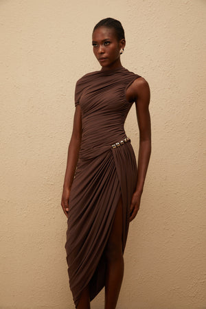 Aurohaya Prune Brown Night Out Asymmetrical Ruched Midi Dress
