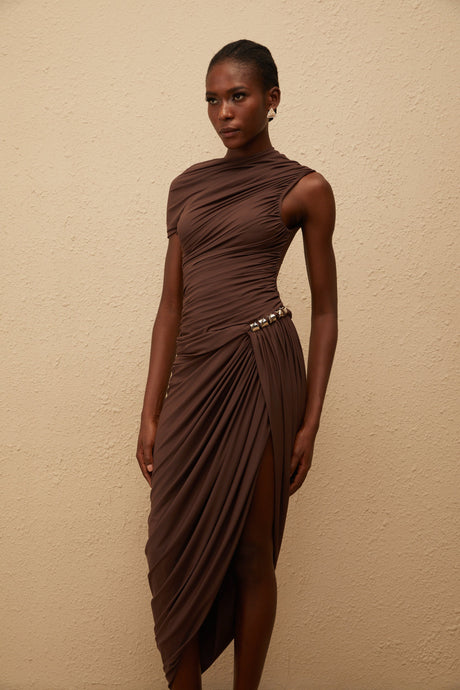 Aurohaya Prune Brown Night Out Asymmetrical Ruched Midi Dress