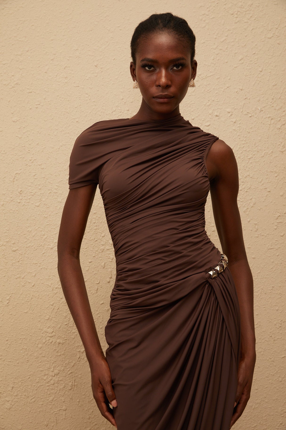 Aurohaya Prune Brown Night Out Asymmetrical Ruched Midi Dress