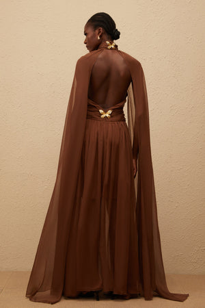 Aurohaya Coralie Brown Cape Design Pleated Tulle Gown