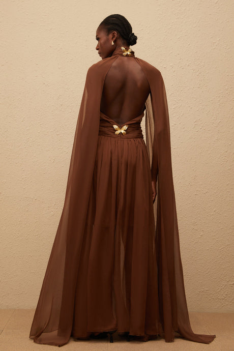 Aurohaya Coralie Brown Cape Design Pleated Tulle Gown