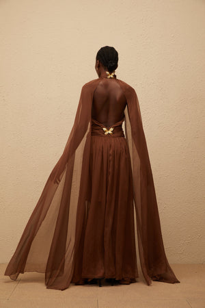 Aurohaya Coralie Brown Cape Design Pleated Tulle Gown
