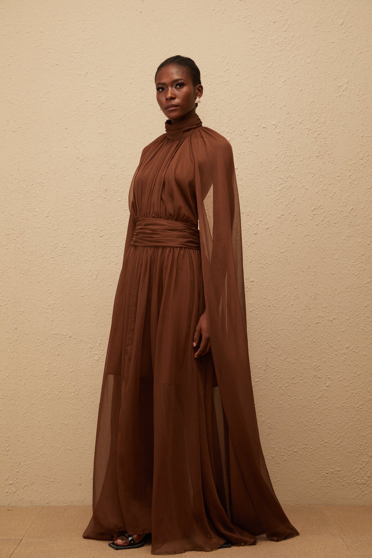Aurohaya Coralie Brown Cape Design Pleated Tulle Gown