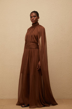 Aurohaya Coralie Brown Cape Design Pleated Tulle Gown