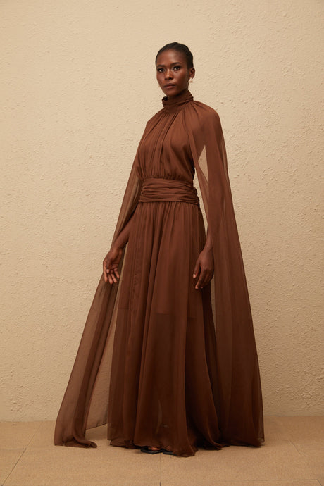 Aurohaya Coralie Brown Cape Design Pleated Tulle Gown