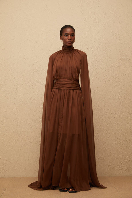 Aurohaya Coralie Brown Cape Design Pleated Tulle Gown