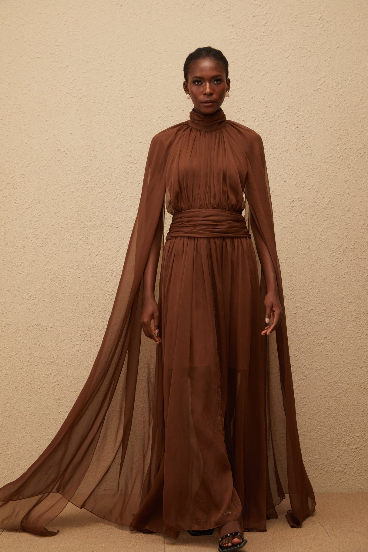 Aurohaya Coralie Brown Cape Design Pleated Tulle Gown