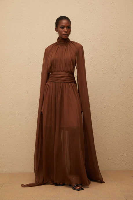 Aurohaya Coralie Brown Cape Design Pleated Tulle Gown
