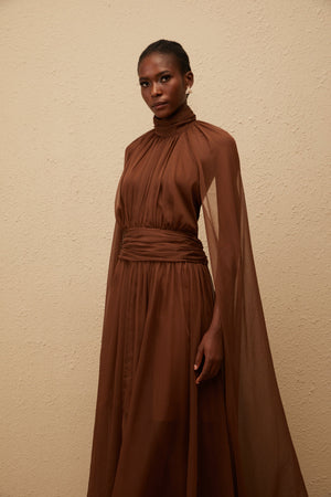 Aurohaya Coralie Brown Cape Design Pleated Tulle Gown