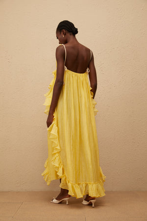 Aurohaya Estelle Yellow Crinkled Ruffled Maxi Dress