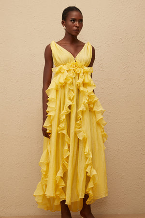 Aurohaya Estelle Yellow Crinkled Ruffled Maxi Dress