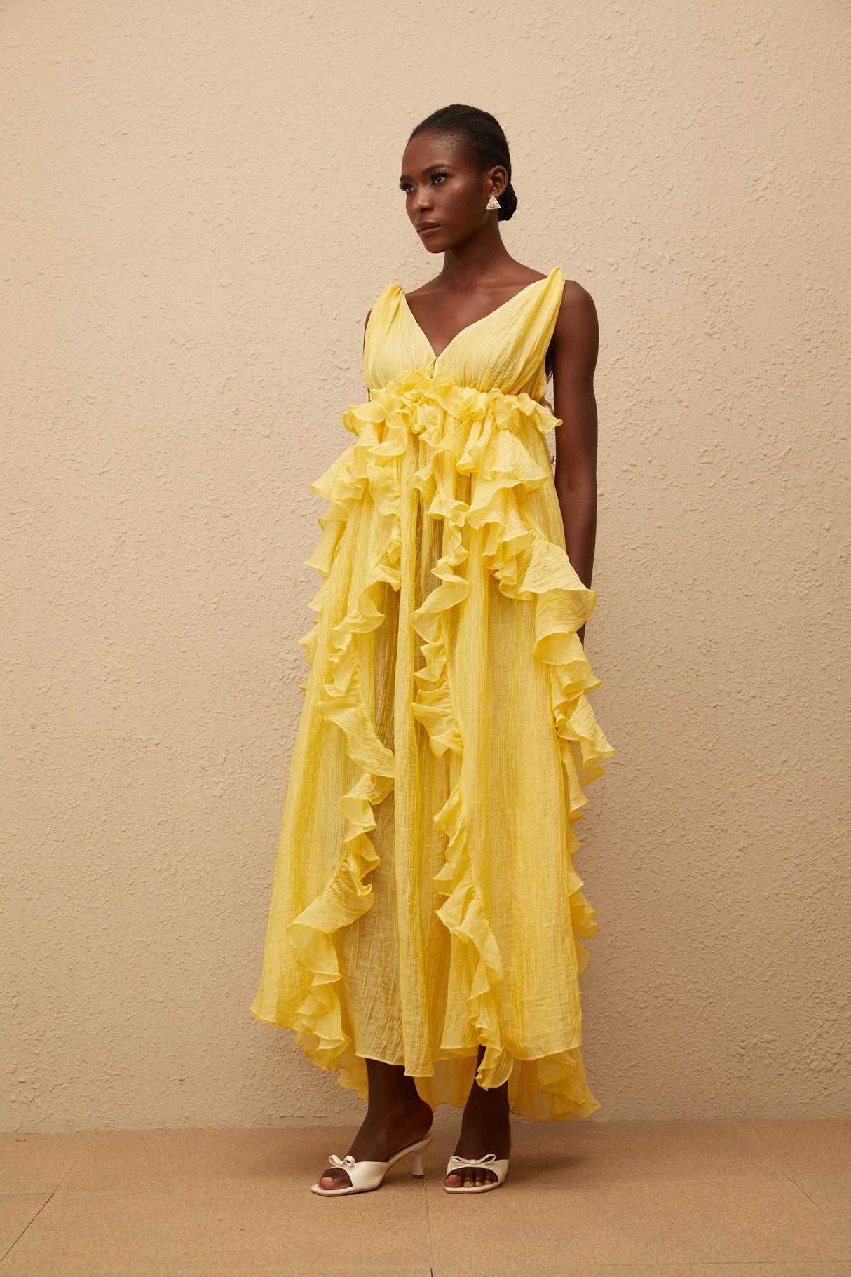 Aurohaya Estelle Yellow Crinkled Ruffled Maxi Dress