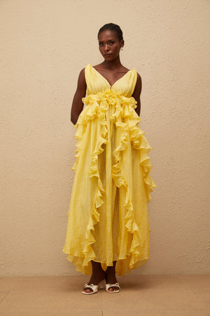 Aurohaya Estelle Yellow Crinkled Ruffled Maxi Dress