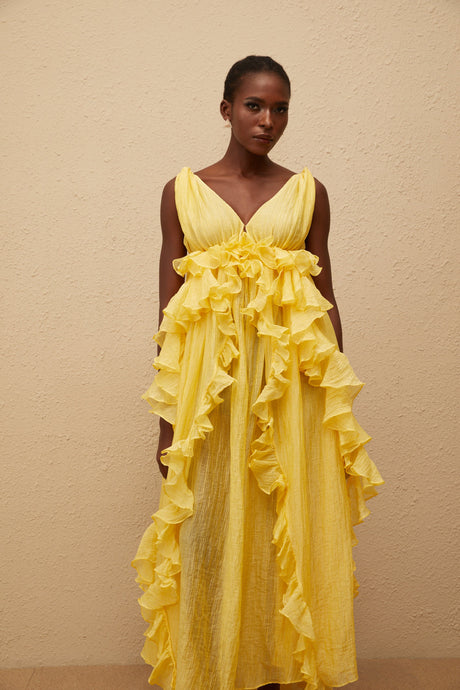 Aurohaya Estelle Yellow Crinkled Ruffled Maxi Dress