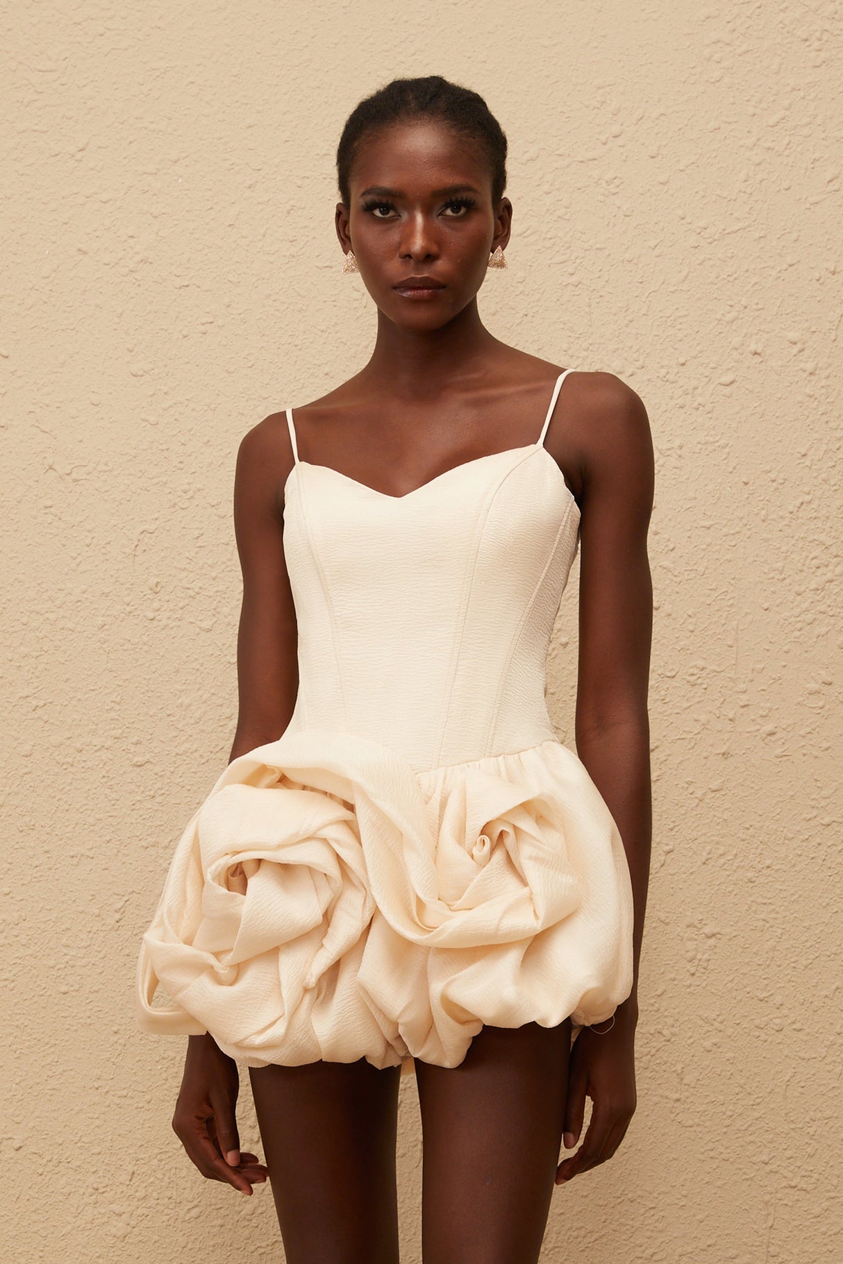 Aurohaya Melanie Neutral 3D Petal Bubble Mini Dress