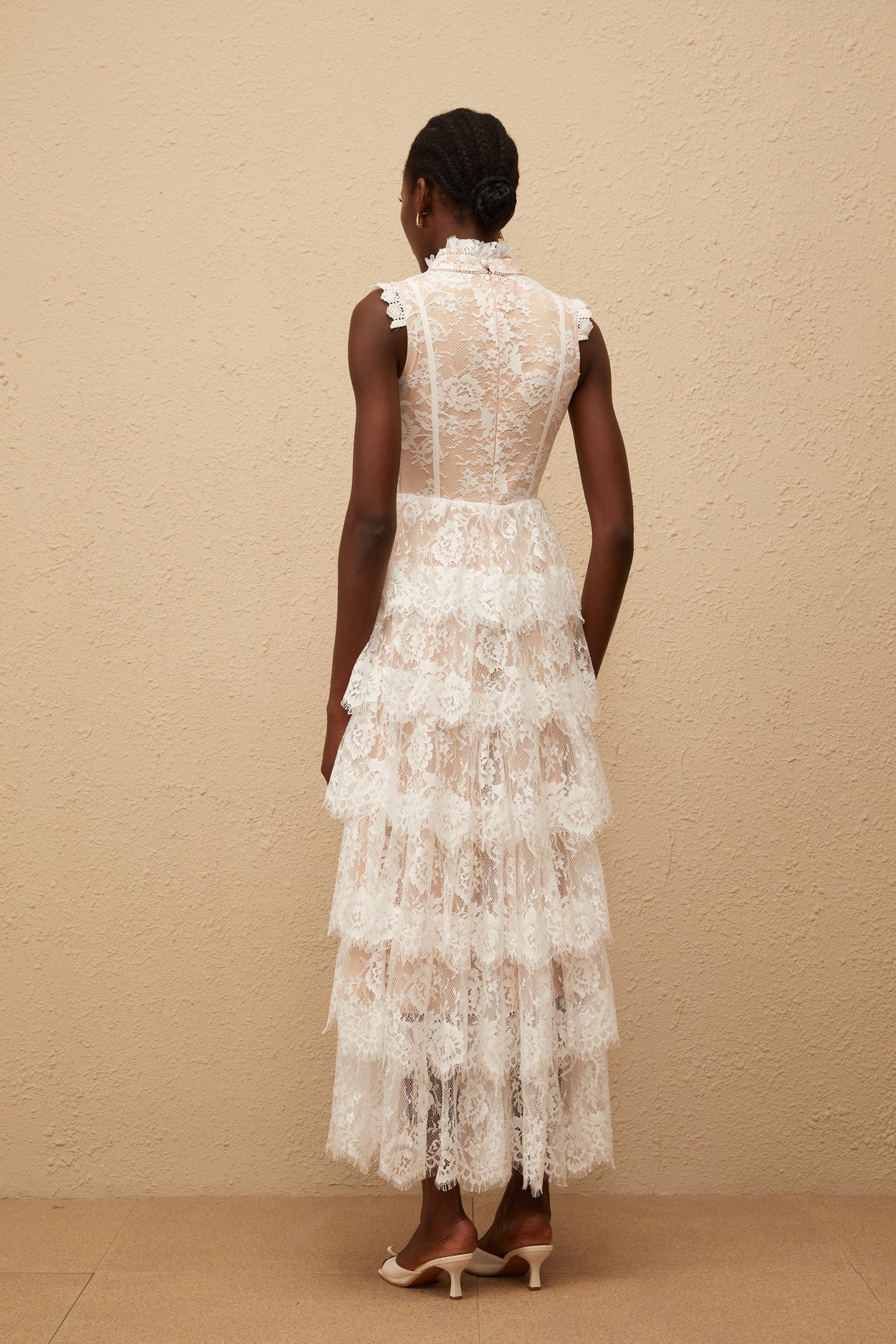 Aurohaya Thérèse White Embellished Floral Lace Tiered Maxi Dress