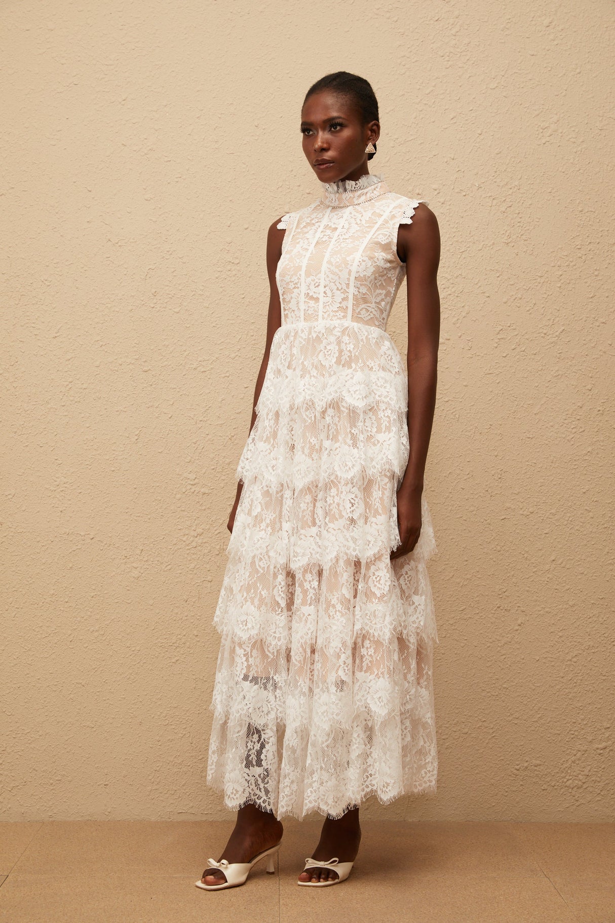 Aurohaya Thérèse White Embellished Floral Lace Tiered Maxi Dress