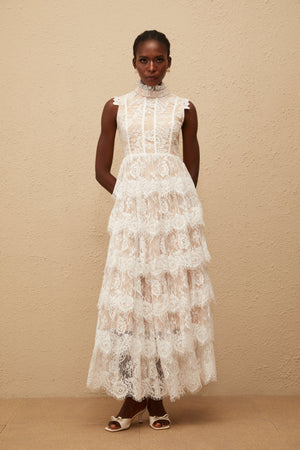 Aurohaya Thérèse White Embellished Floral Lace Tiered Maxi Dress