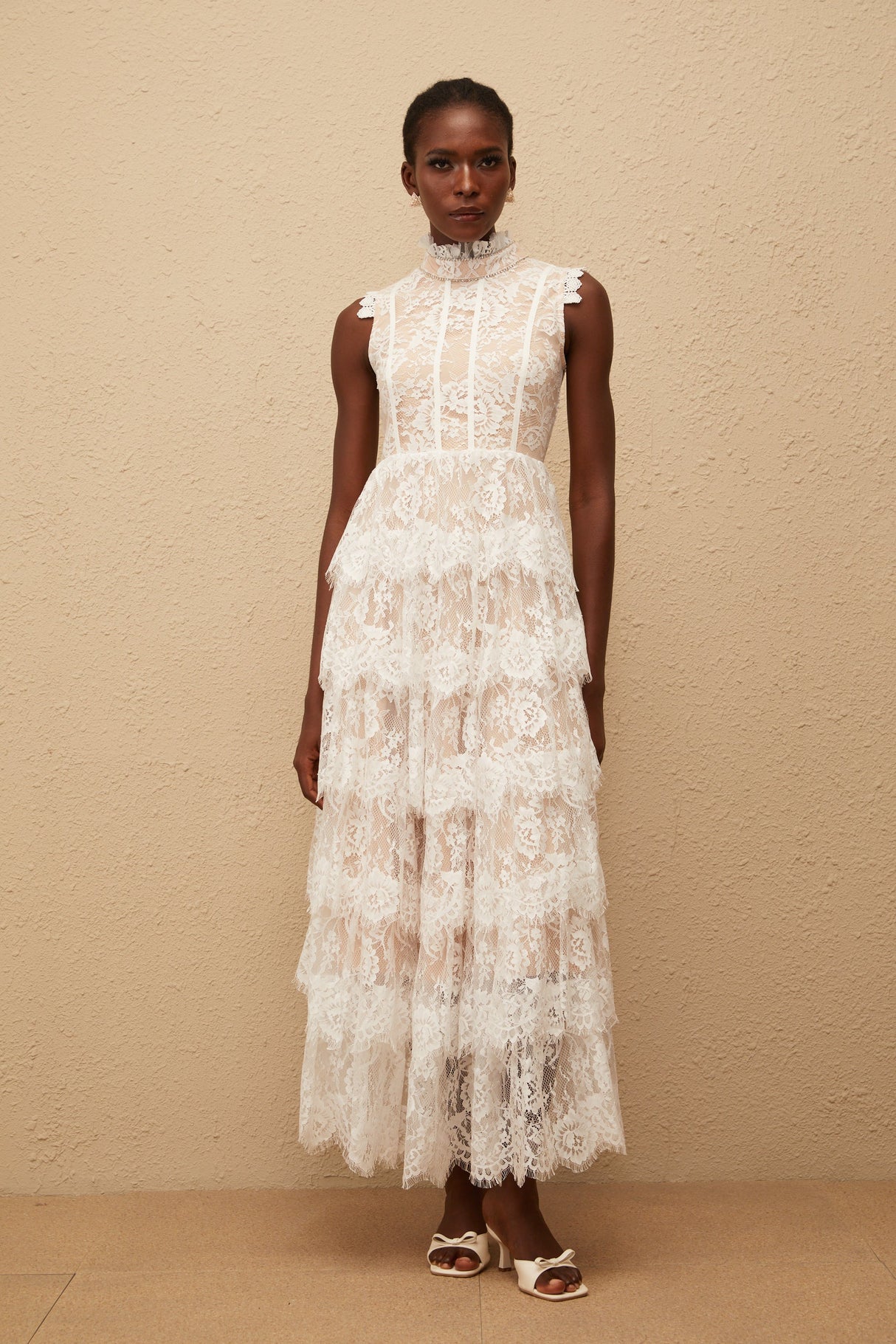 Aurohaya Thérèse White Embellished Floral Lace Tiered Maxi Dress
