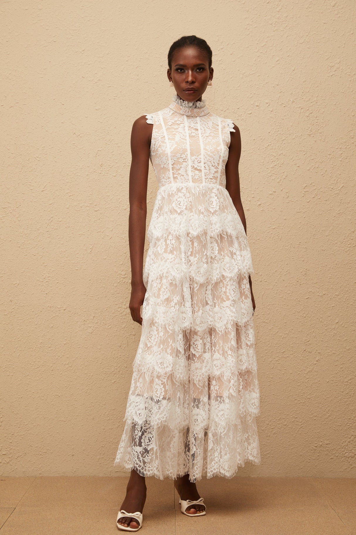 Aurohaya Thérèse White Embellished Floral Lace Tiered Maxi Dress