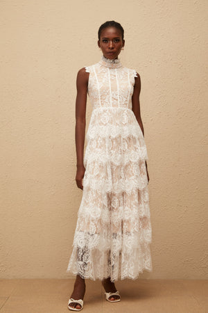 Aurohaya Thérèse White Embellished Floral Lace Tiered Maxi Dress