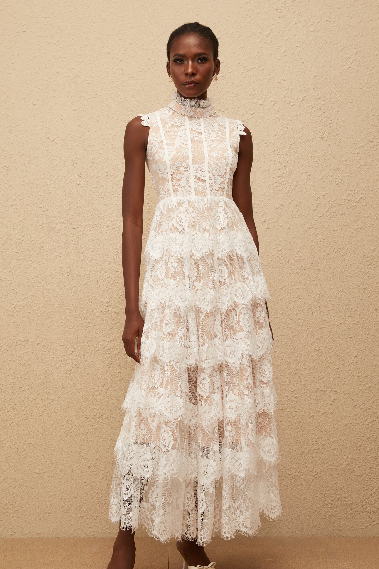 Aurohaya Thérèse White Embellished Floral Lace Tiered Maxi Dress