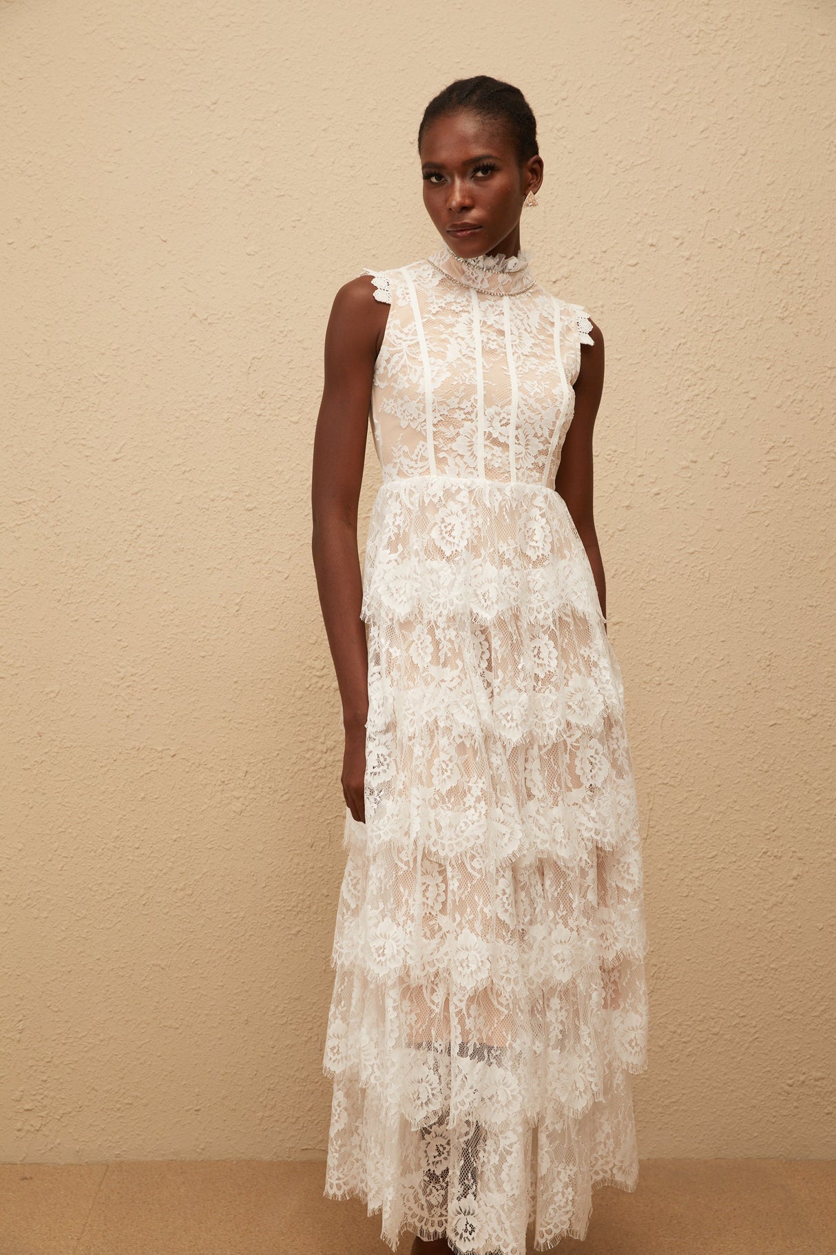 Aurohaya Thérèse White Embellished Floral Lace Tiered Maxi Dress