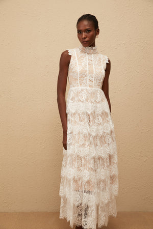Aurohaya Thérèse White Embellished Floral Lace Tiered Maxi Dress
