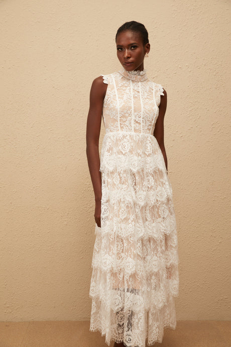 Aurohaya Thérèse White Embellished Floral Lace Tiered Maxi Dress