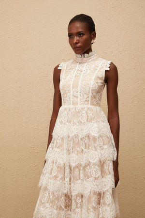 Aurohaya Thérèse White Embellished Floral Lace Tiered Maxi Dress