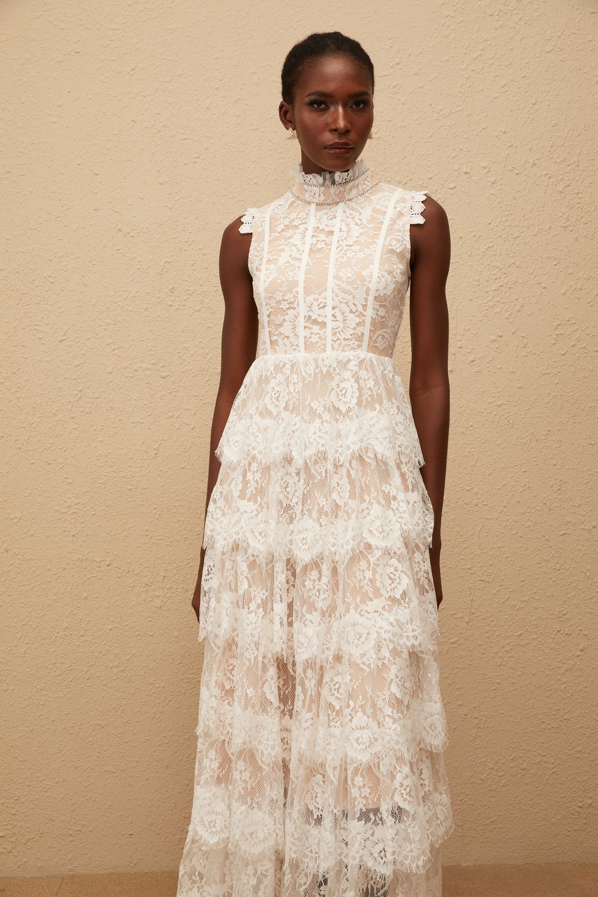 Aurohaya Thérèse White Embellished Floral Lace Tiered Maxi Dress