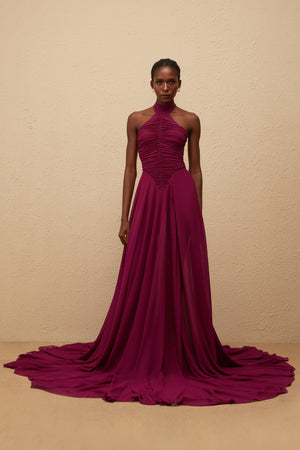 Aurohaya Kerstin Purple Train Design Ruched Maxi Dress