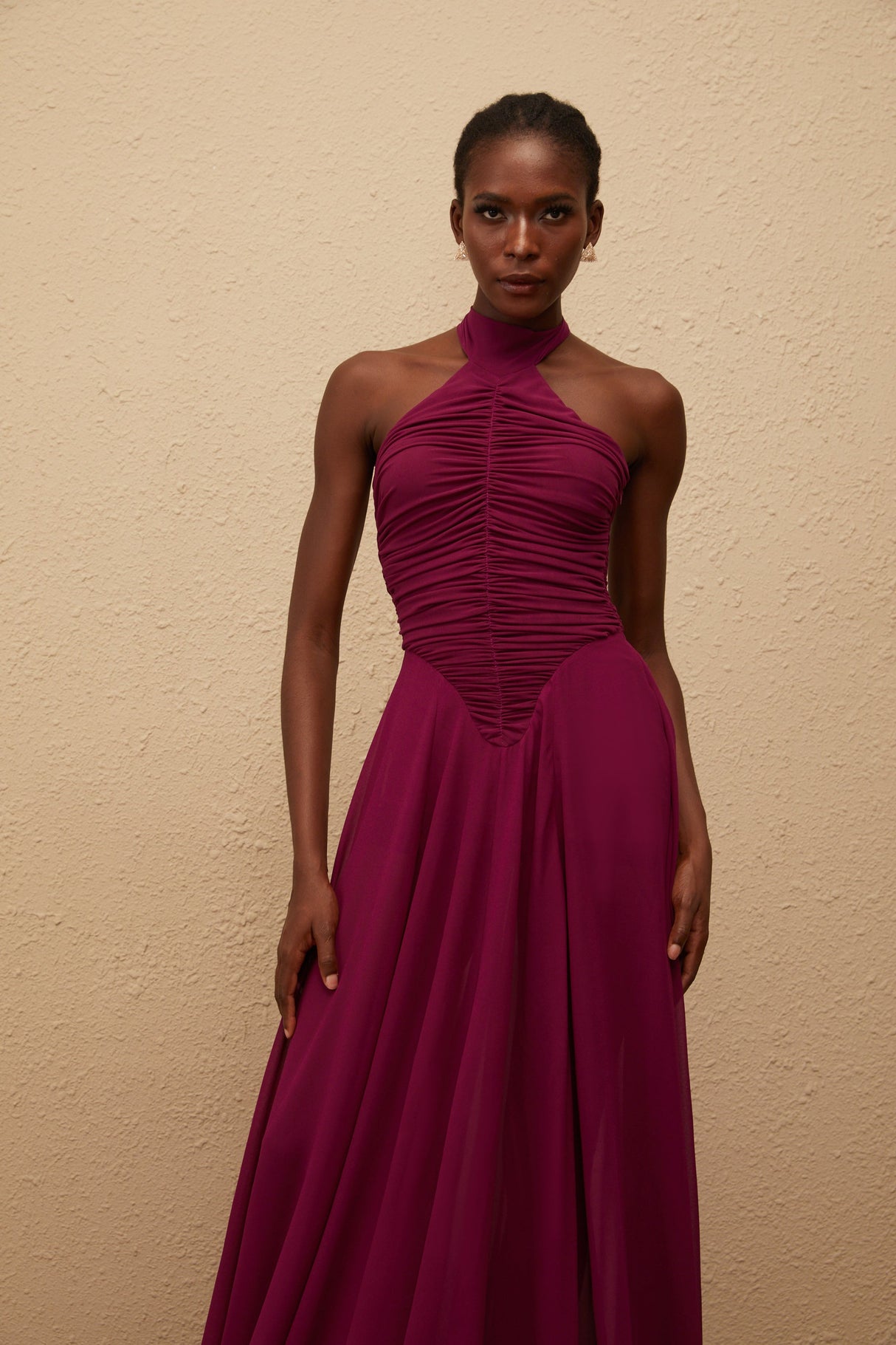 Aurohaya Kerstin Purple Train Design Ruched Maxi Dress