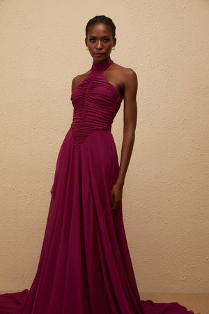 Aurohaya Kerstin Purple Train Design Ruched Maxi Dress