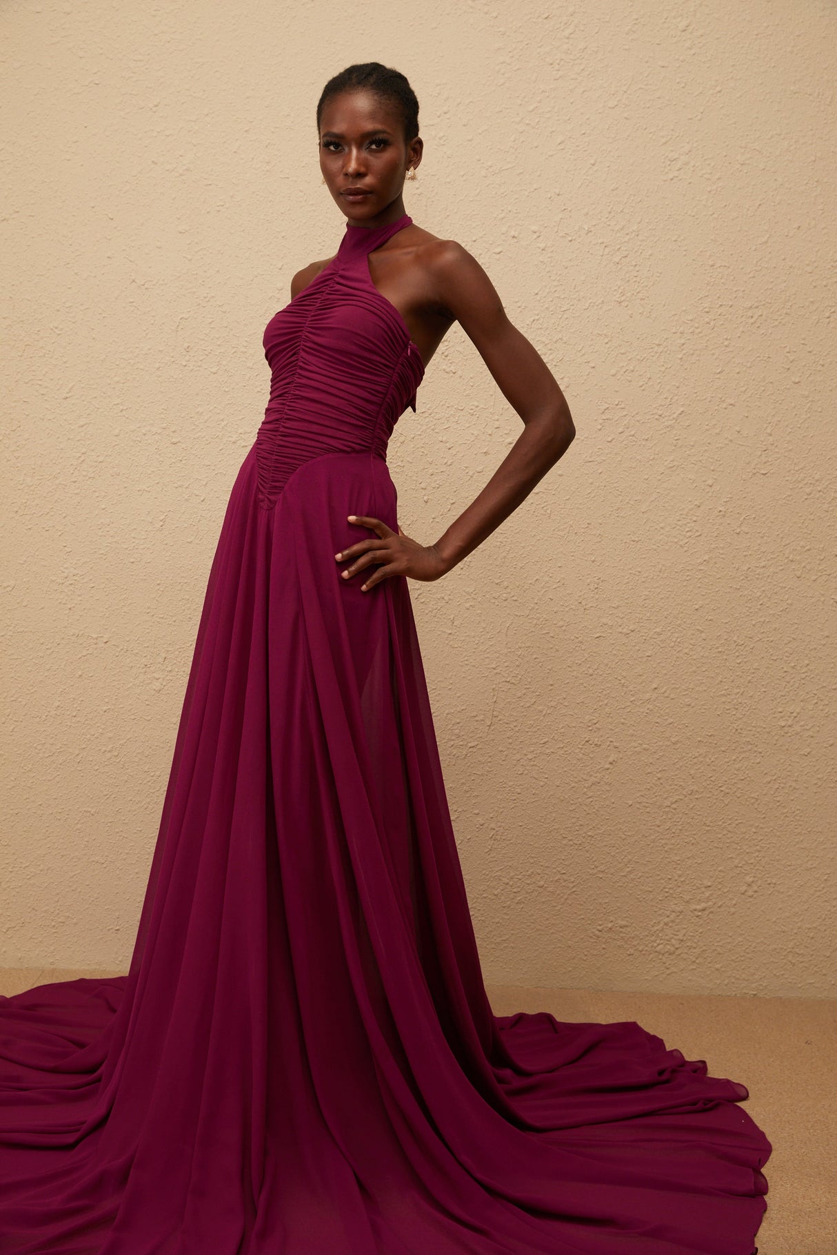 Aurohaya Kerstin Purple Train Design Ruched Maxi Dress