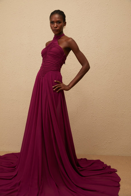 Aurohaya Kerstin Purple Train Design Ruched Maxi Dress