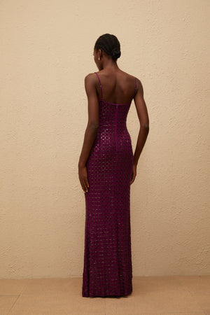 Aurohaya Térébenthine Purple Rhinestone Mesh Maxi Dress