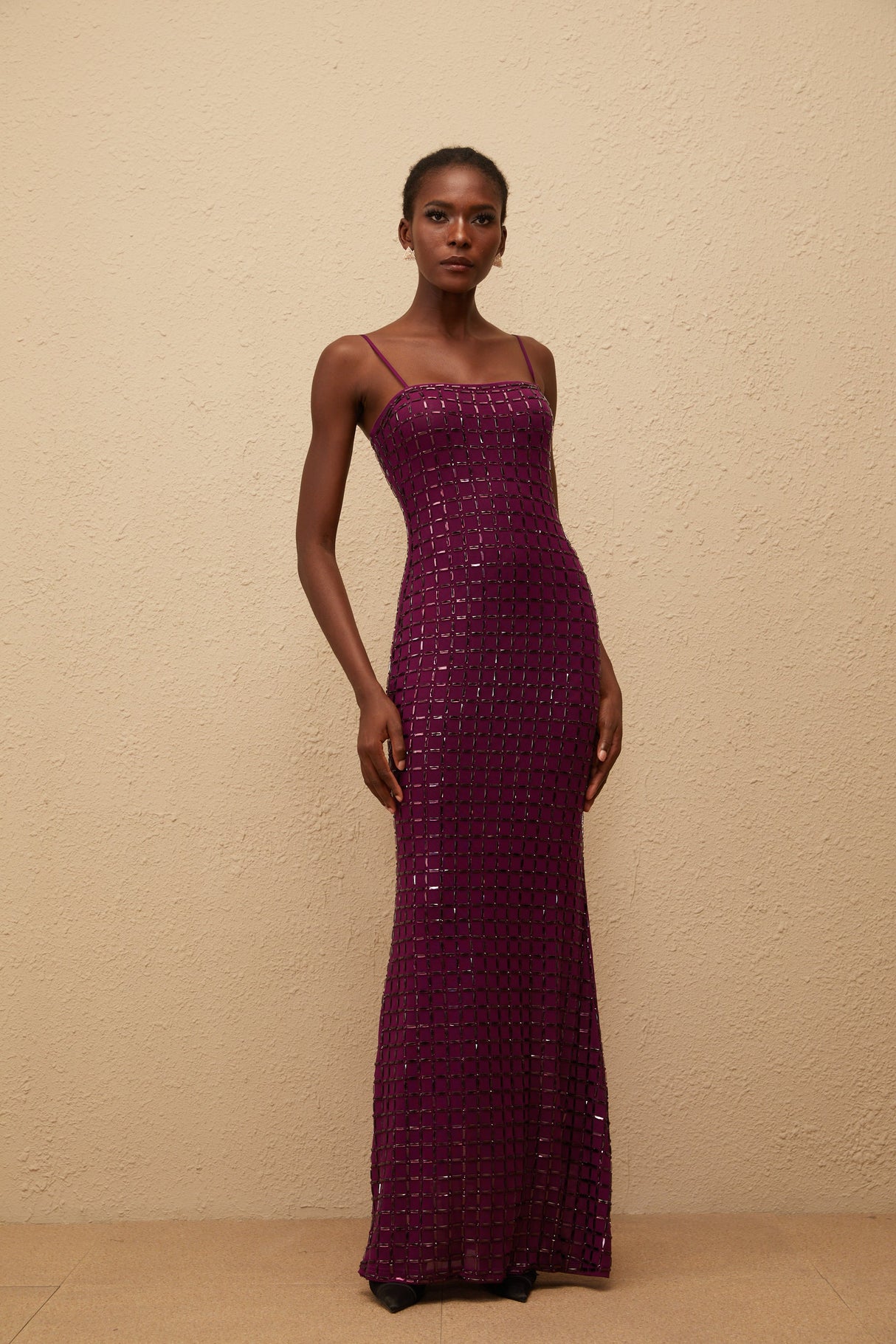 Aurohaya Térébenthine Purple Rhinestone Mesh Maxi Dress