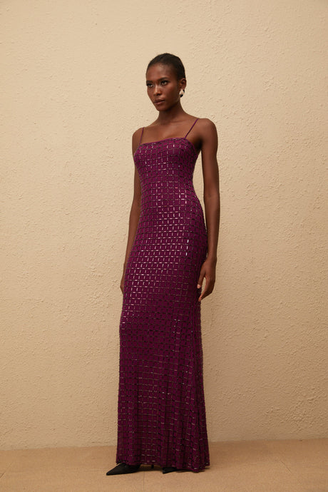 Aurohaya Térébenthine Purple Rhinestone Mesh Maxi Dress