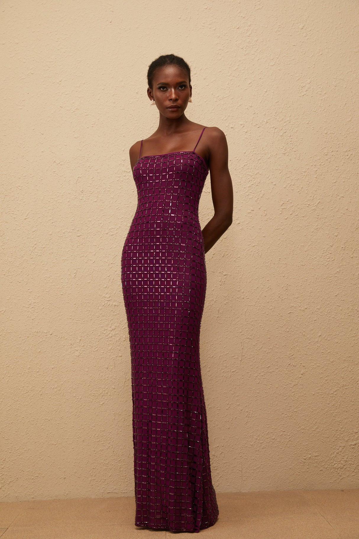 Aurohaya Térébenthine Purple Rhinestone Mesh Maxi Dress