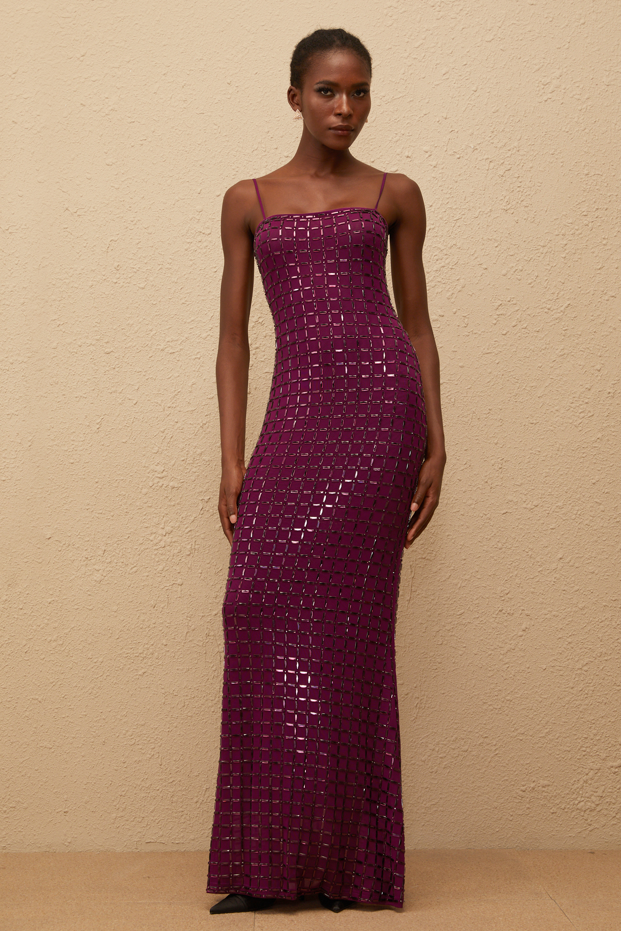 Aurohaya Térébenthine Purple Rhinestone Mesh Maxi Dress