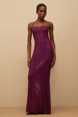Aurohaya Térébenthine Purple Rhinestone Mesh Maxi Dress