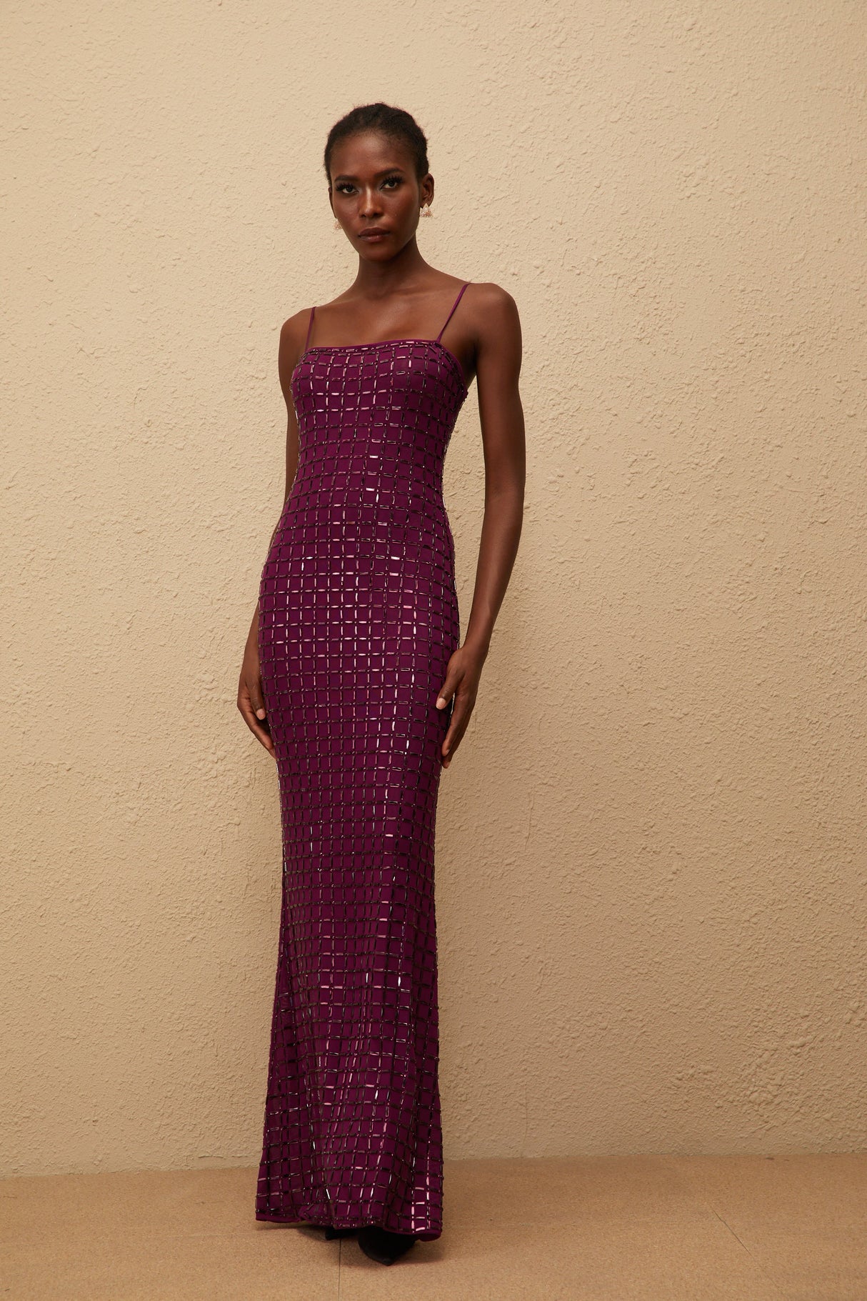 Aurohaya Térébenthine Purple Rhinestone Mesh Maxi Dress